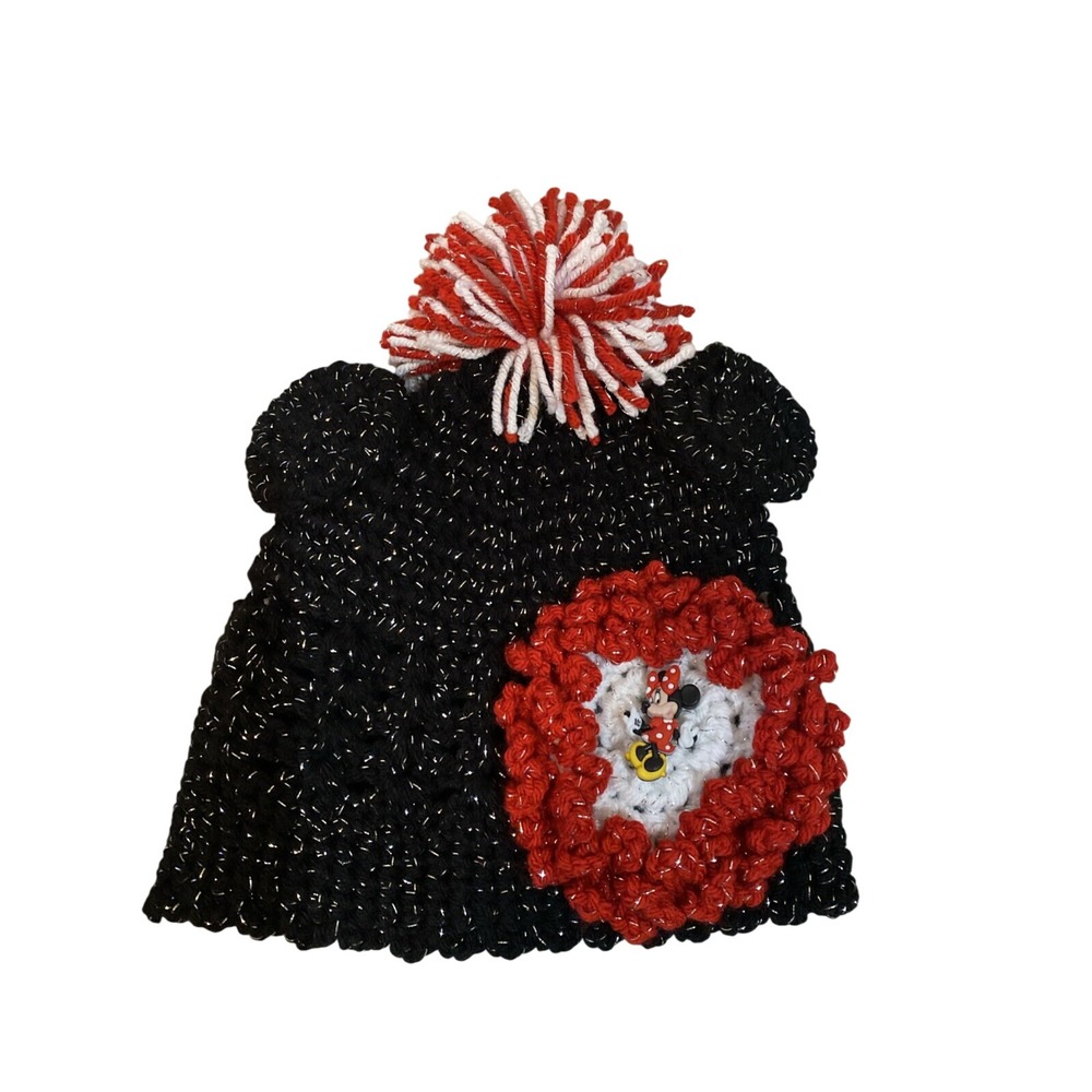 Handmade Minnie Mouse Crochet Beanie Hat Black Red Sparkle Disney Theme Kids